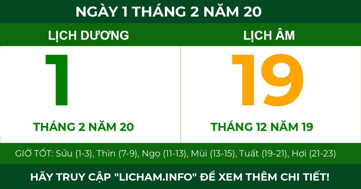 lịch âm ngày 1 tháng 2 năm 20