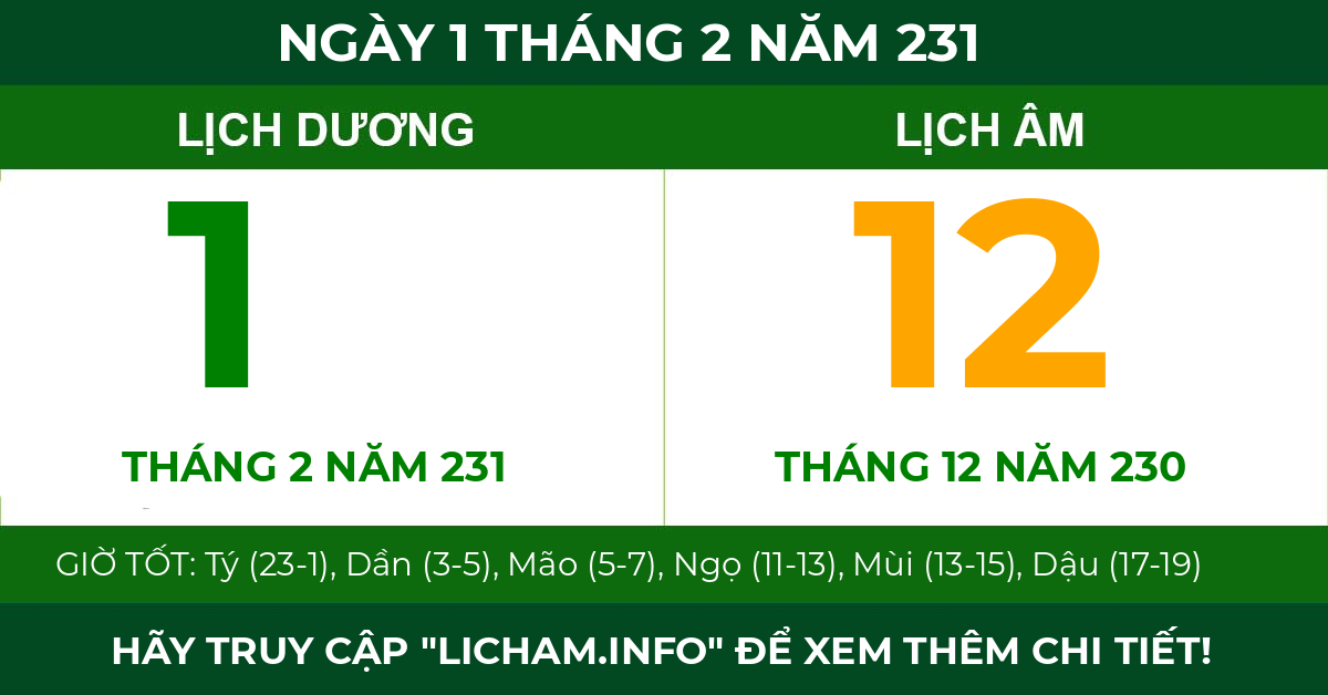 lịch âm ngày 1 tháng 2 năm 231