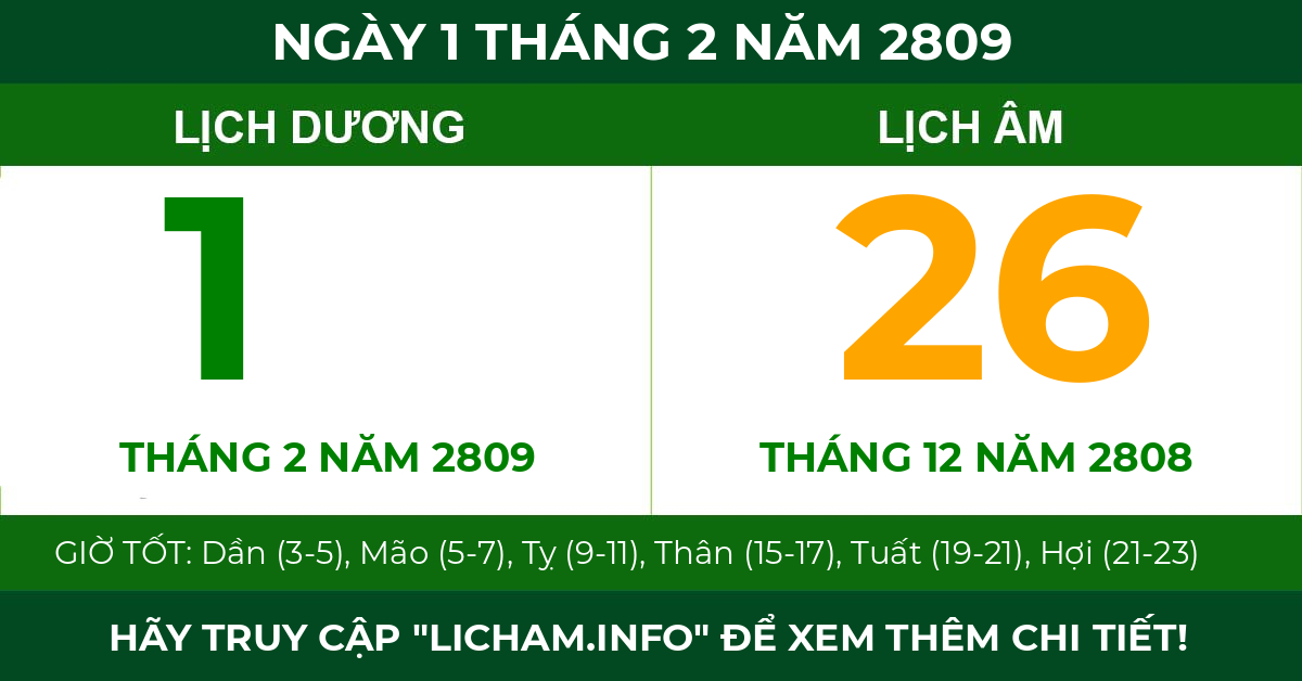 lịch âm ngày 1 tháng 2 năm 2809