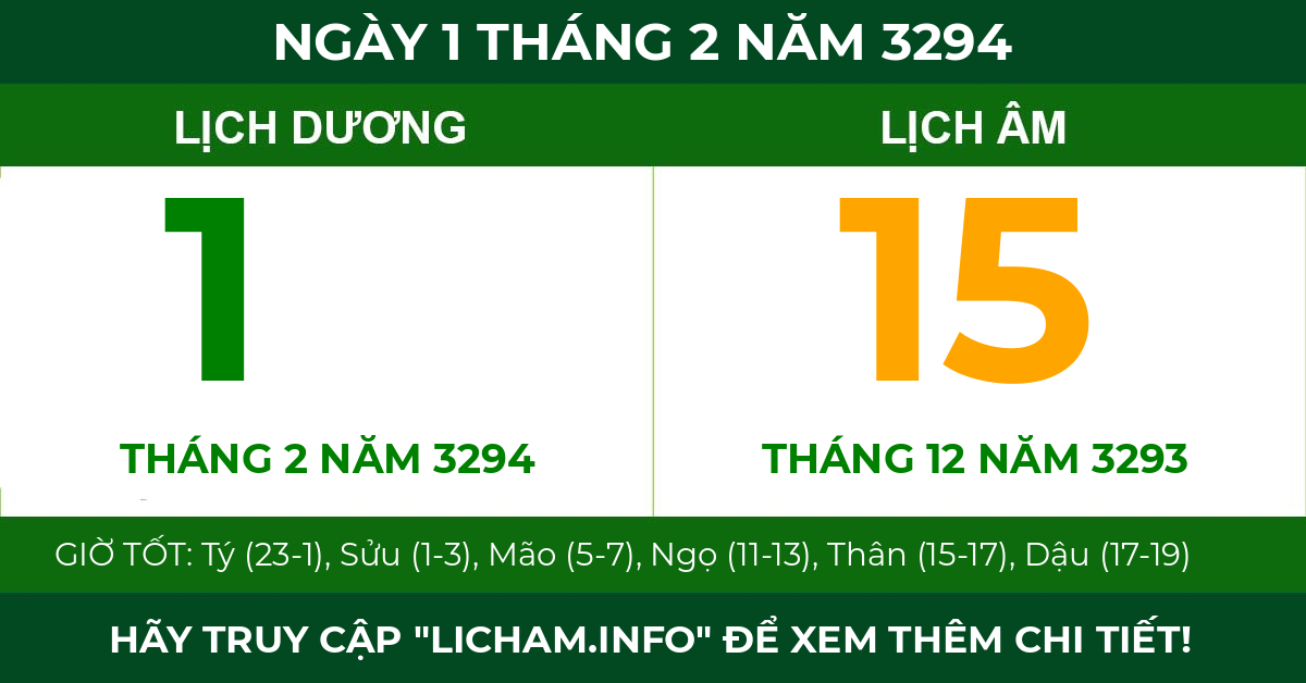 lịch âm ngày 1 tháng 2 năm 3294