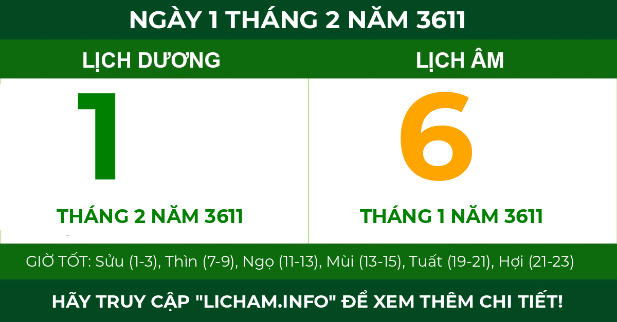 lịch âm ngày 1 tháng 2 năm 3611