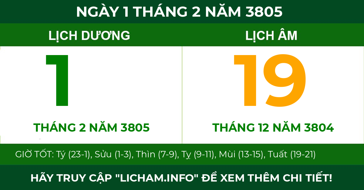 lịch âm ngày 1 tháng 2 năm 3805