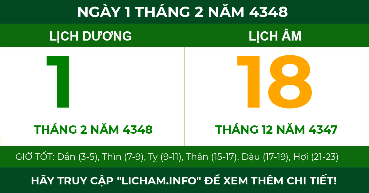 lịch âm ngày 1 tháng 2 năm 4348