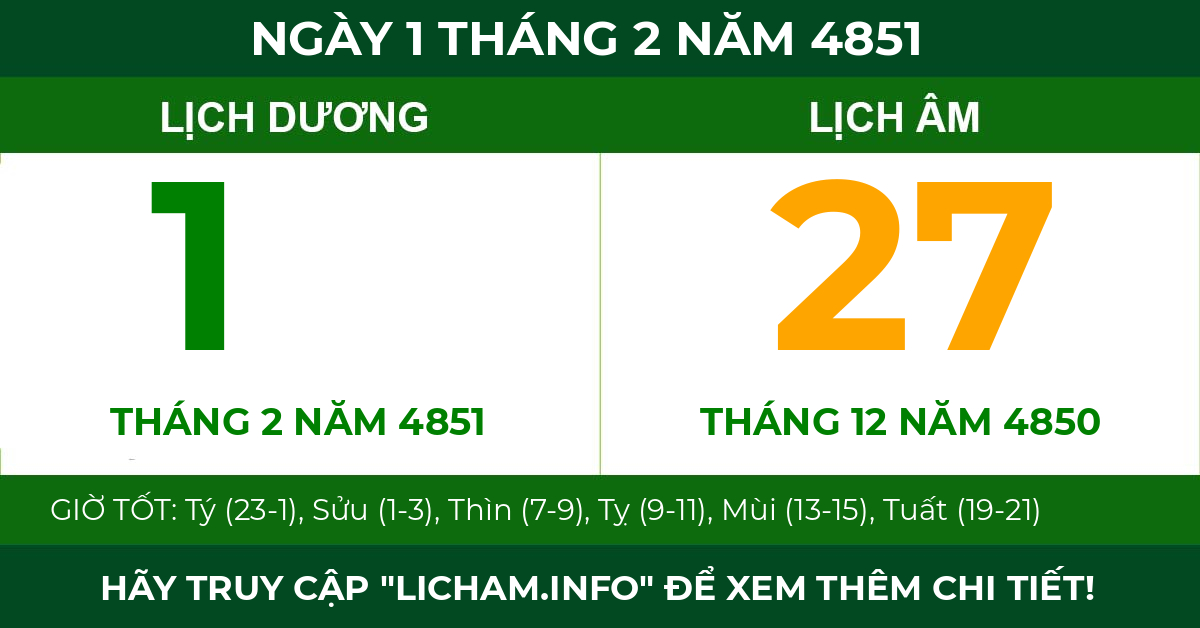 lịch âm ngày 1 tháng 2 năm 4851