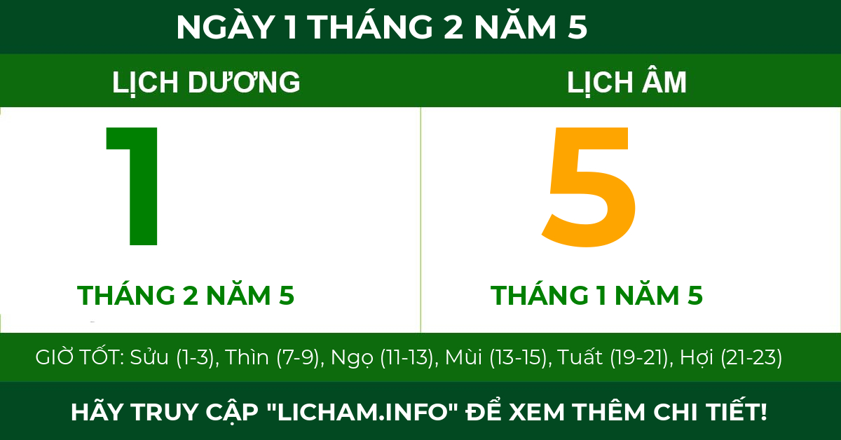 lịch âm ngày 1 tháng 2 năm 5