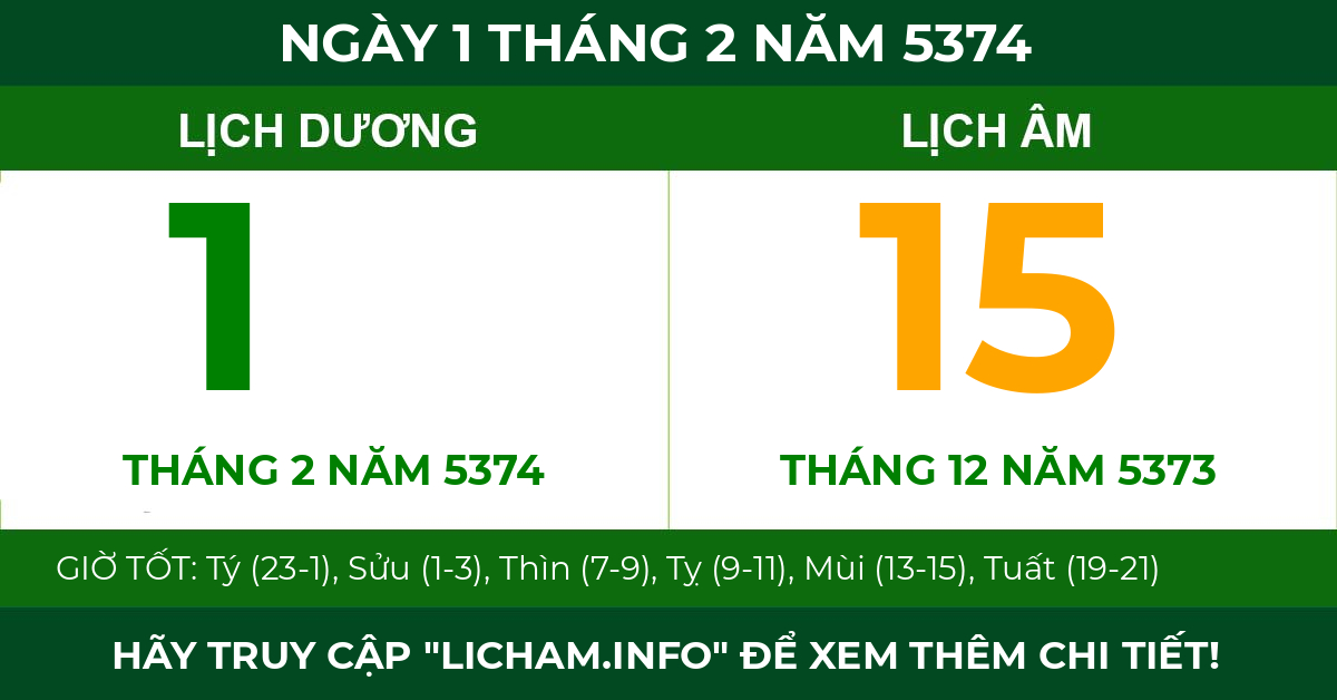 lịch âm ngày 1 tháng 2 năm 5374