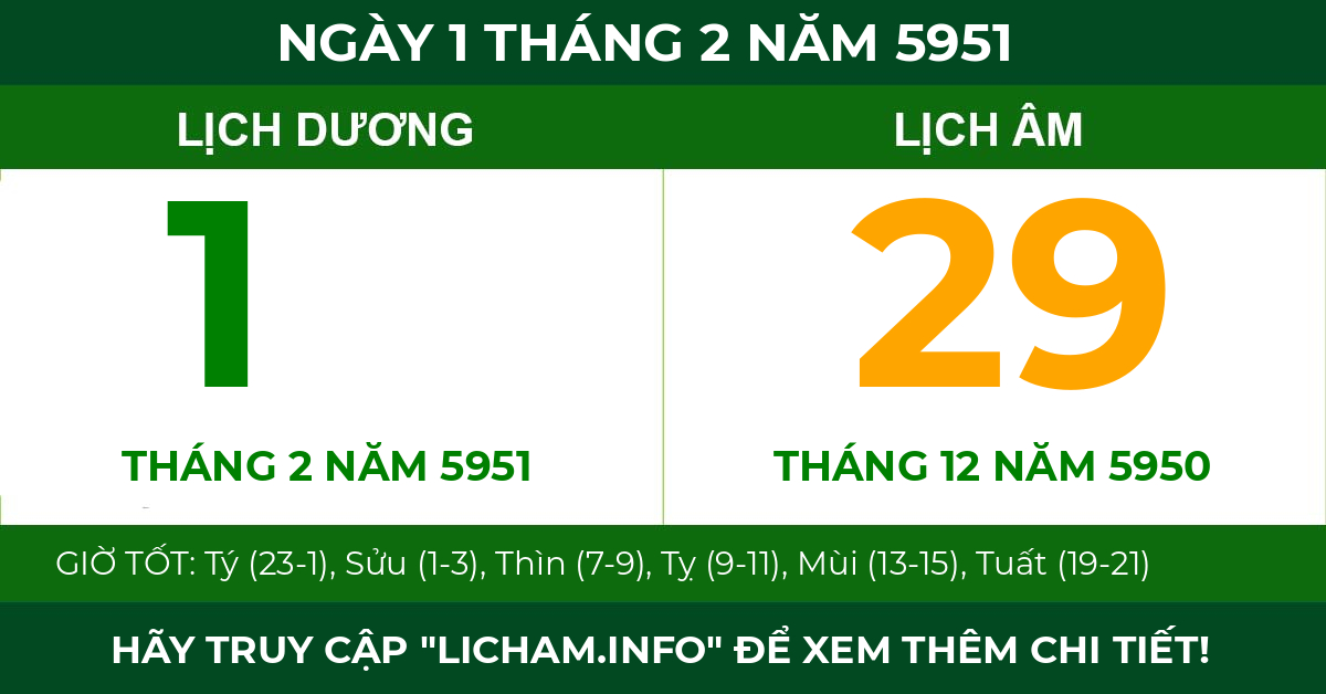 lịch âm ngày 1 tháng 2 năm 5951