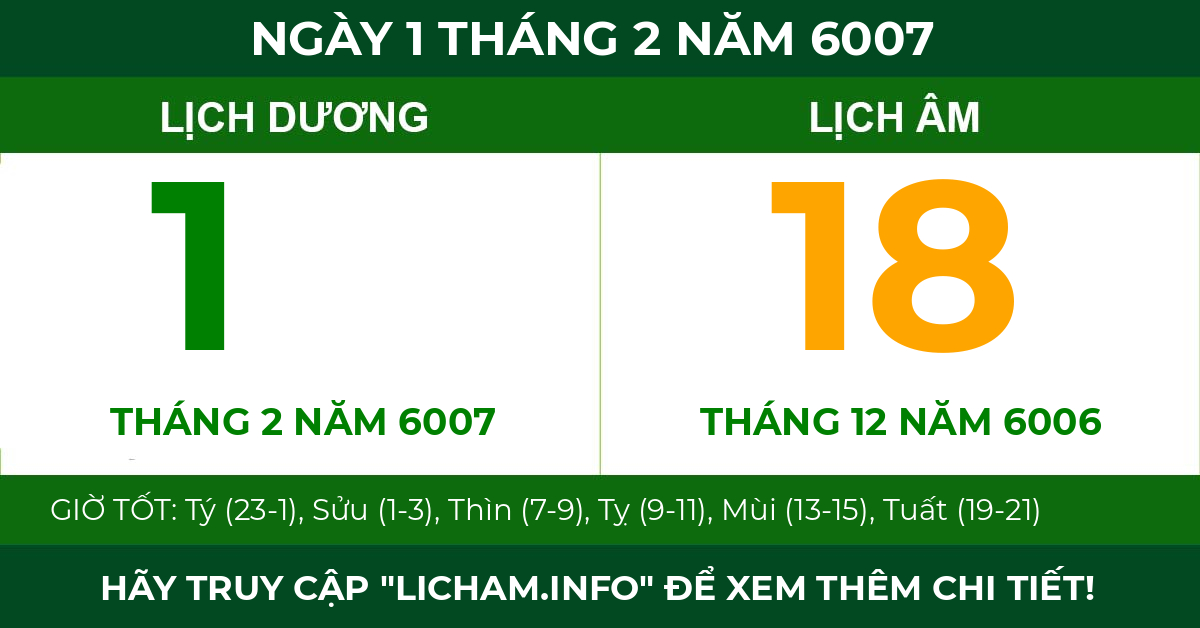 lịch âm ngày 1 tháng 2 năm 6007