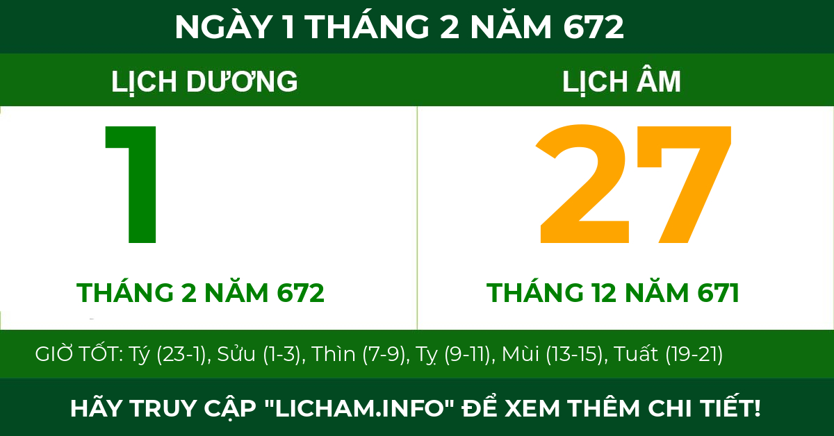lịch âm ngày 1 tháng 2 năm 672