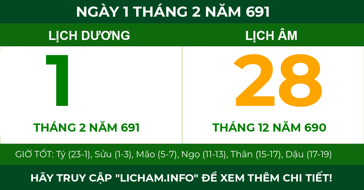 lịch âm ngày 1 tháng 2 năm 691
