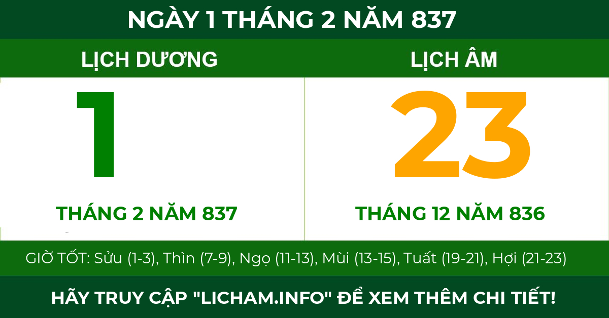 lịch âm ngày 1 tháng 2 năm 837