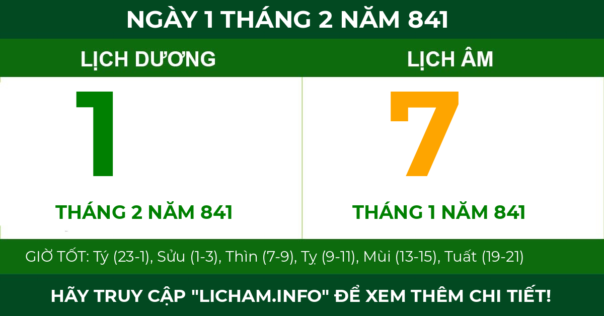 lịch âm ngày 1 tháng 2 năm 841