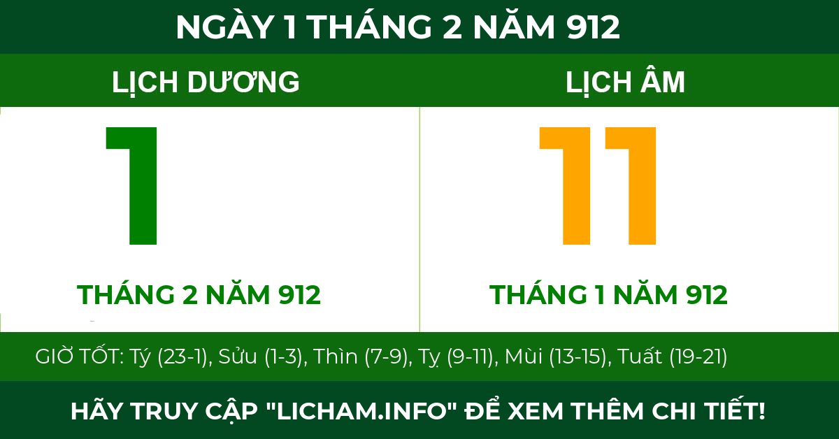 lịch âm ngày 1 tháng 2 năm 912