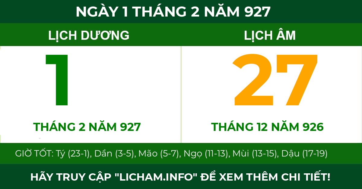 lịch âm ngày 1 tháng 2 năm 927