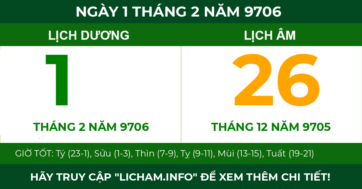 lịch âm ngày 1 tháng 2 năm 9706