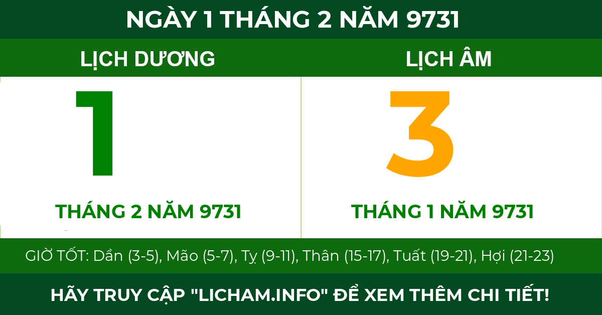 lịch âm ngày 1 tháng 2 năm 9731