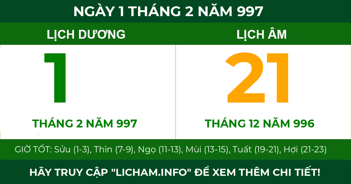 lịch âm ngày 1 tháng 2 năm 997