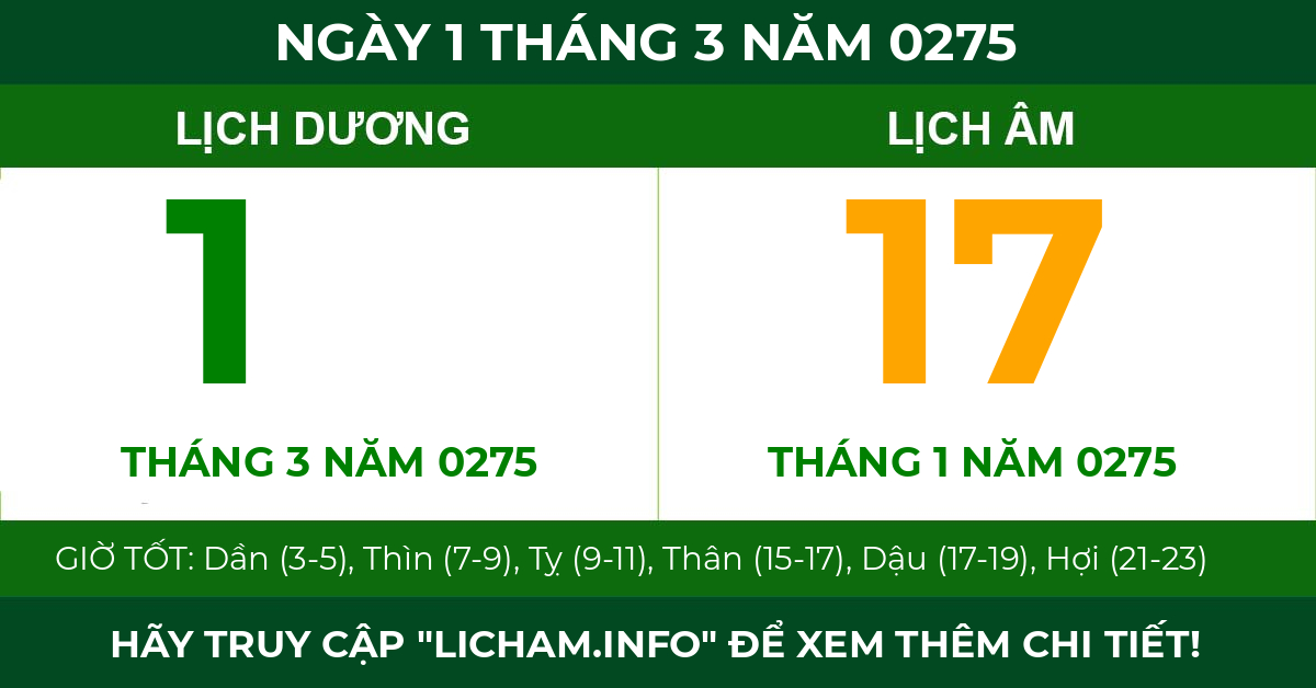 lịch âm ngày 1 tháng 3 năm 0275