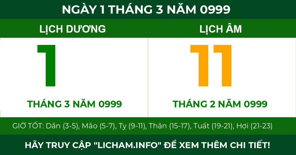lịch âm ngày 1 tháng 3 năm 0999