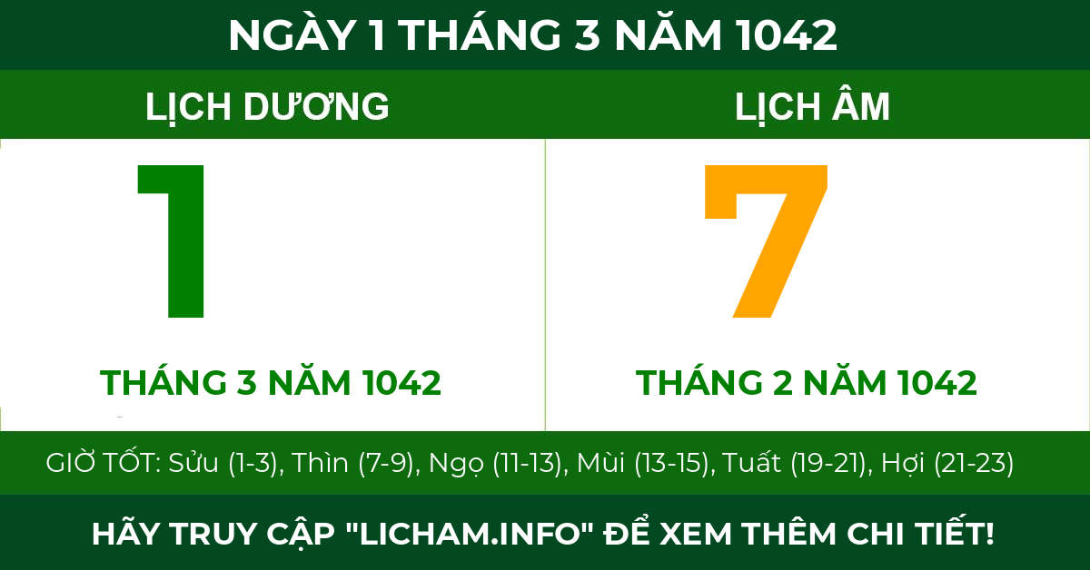 lịch âm ngày 1 tháng 3 năm 1042
