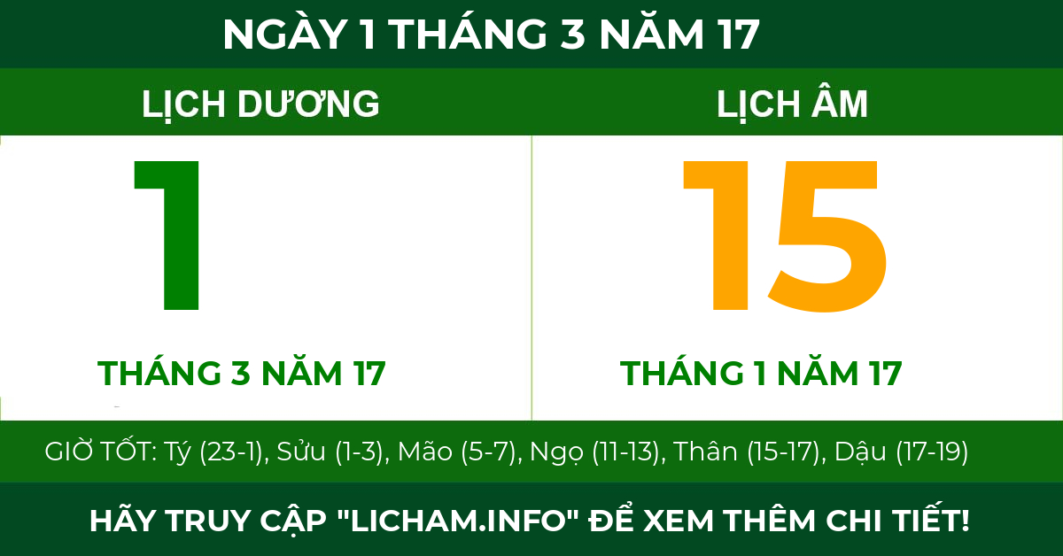 lịch âm ngày 1 tháng 3 năm 17
