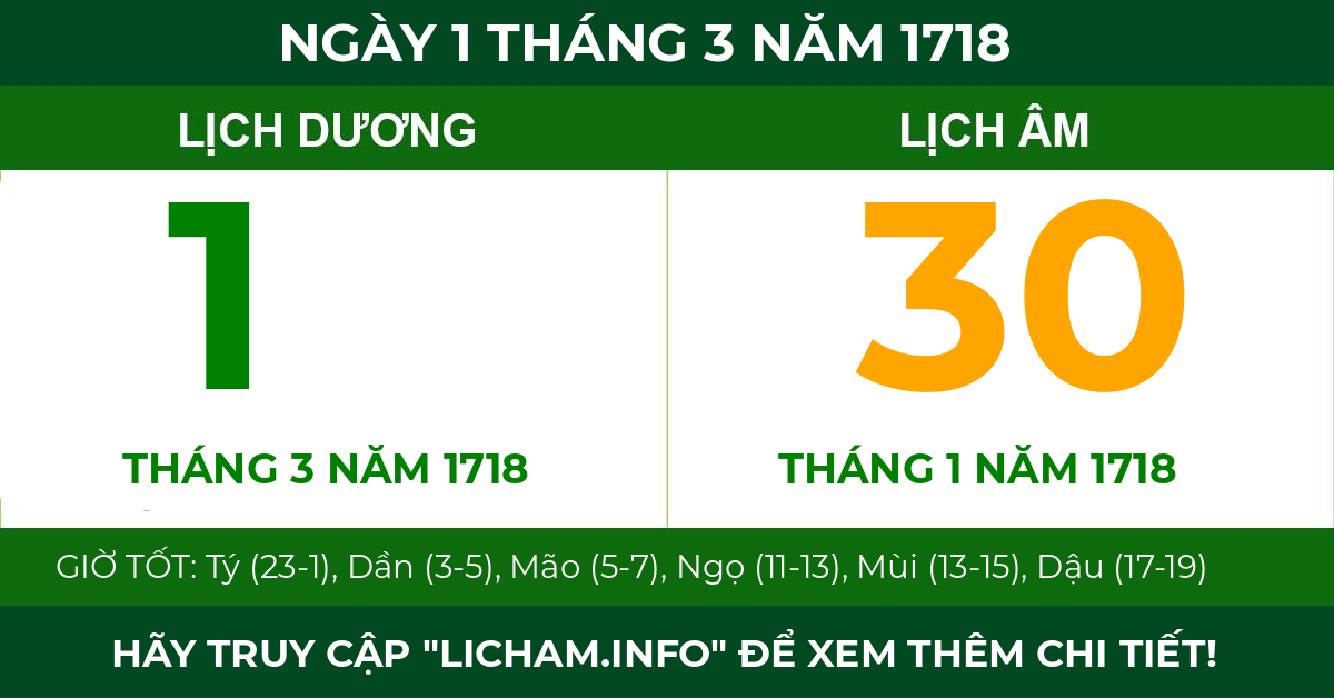 lịch âm ngày 1 tháng 3 năm 1718