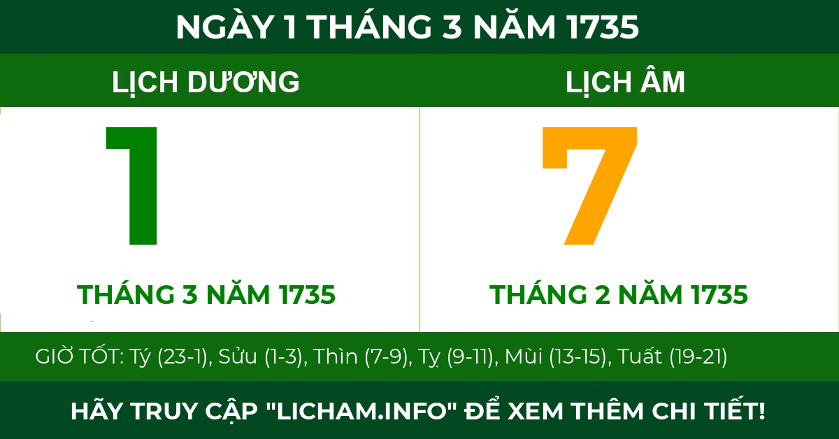 lịch âm ngày 1 tháng 3 năm 1735