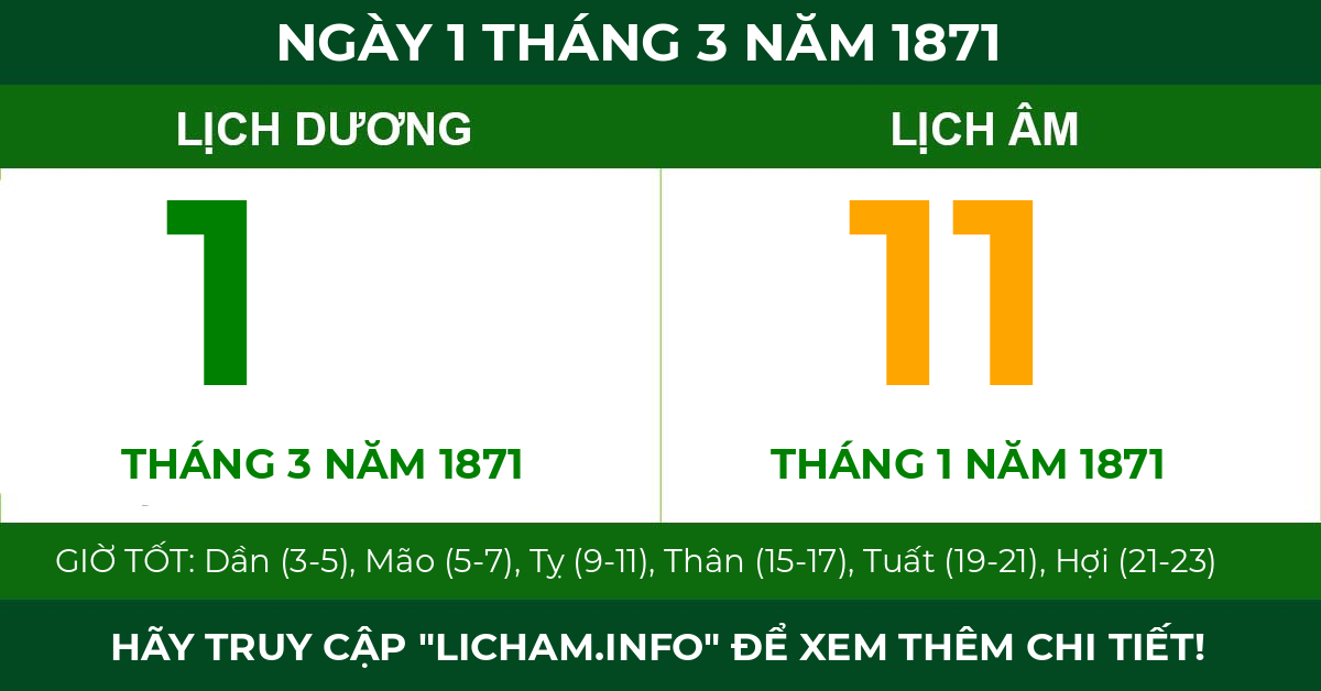 lịch âm ngày 1 tháng 3 năm 1871