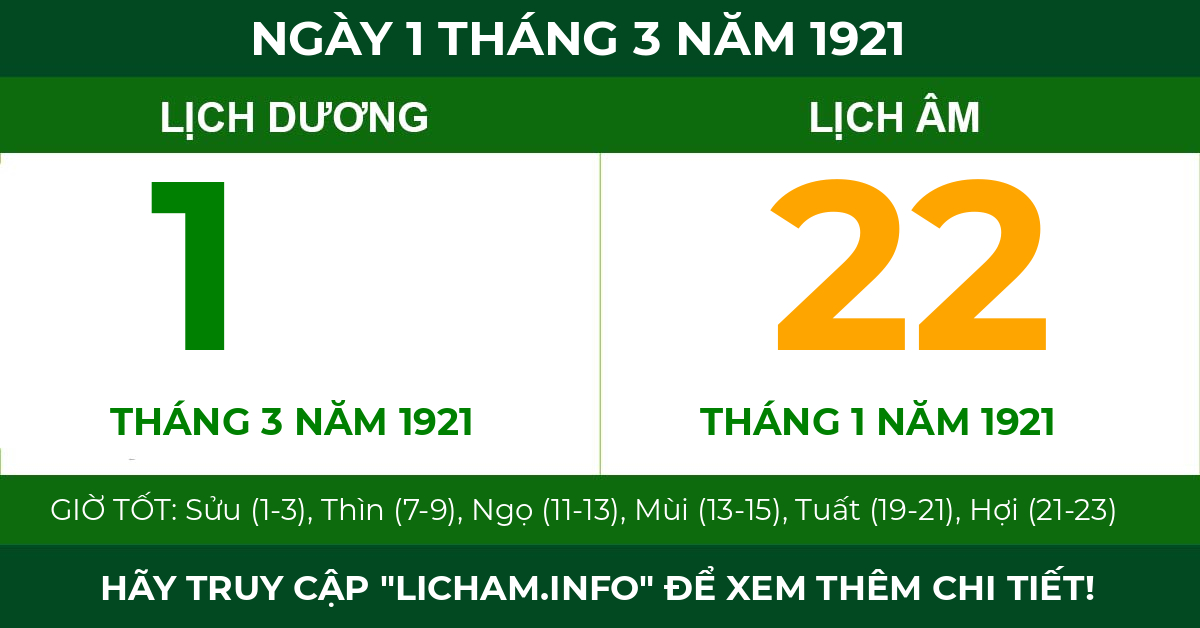 lịch âm ngày 1 tháng 3 năm 1921