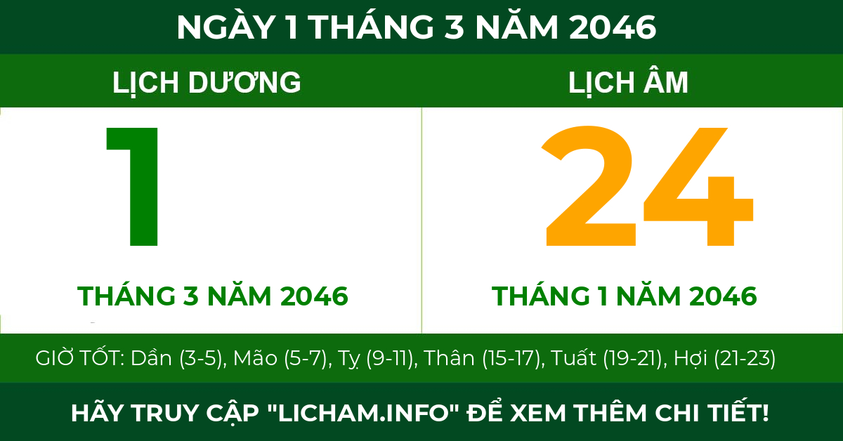 lịch âm ngày 1 tháng 3 năm 2046