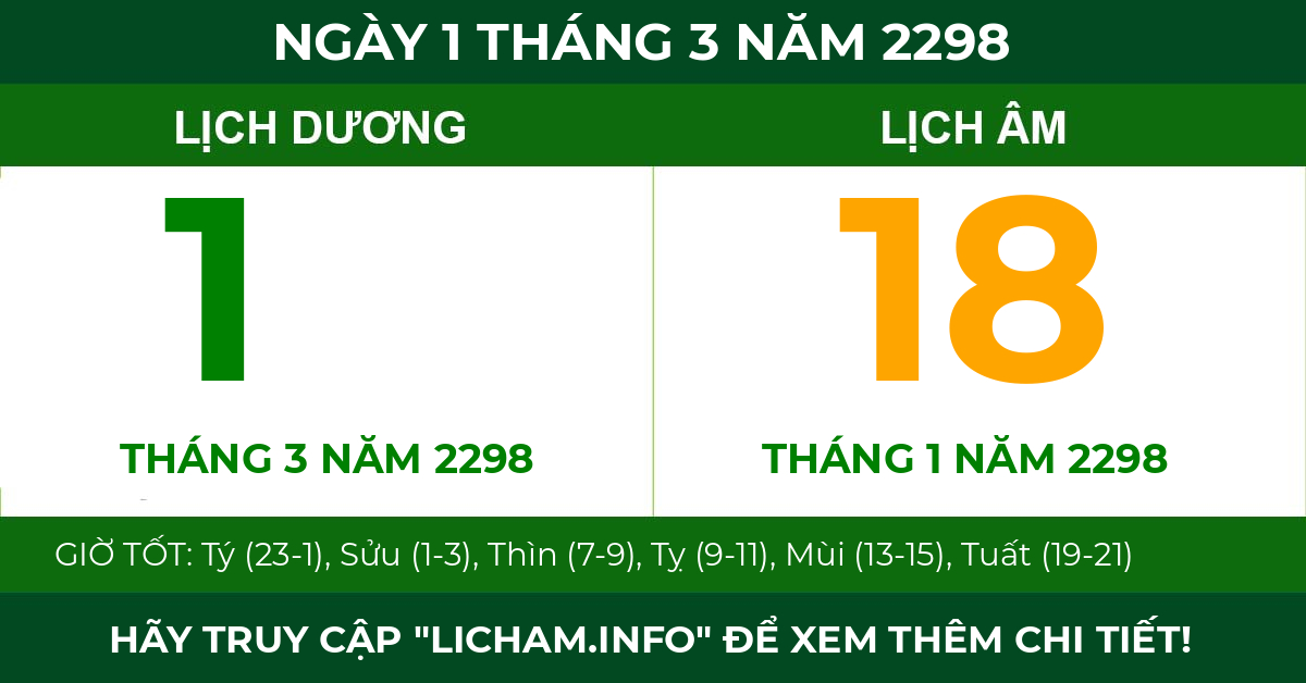 lịch âm ngày 1 tháng 3 năm 2298