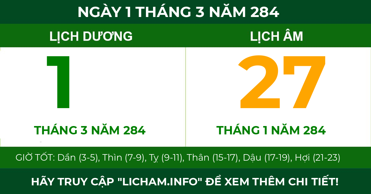 lịch âm ngày 1 tháng 3 năm 284