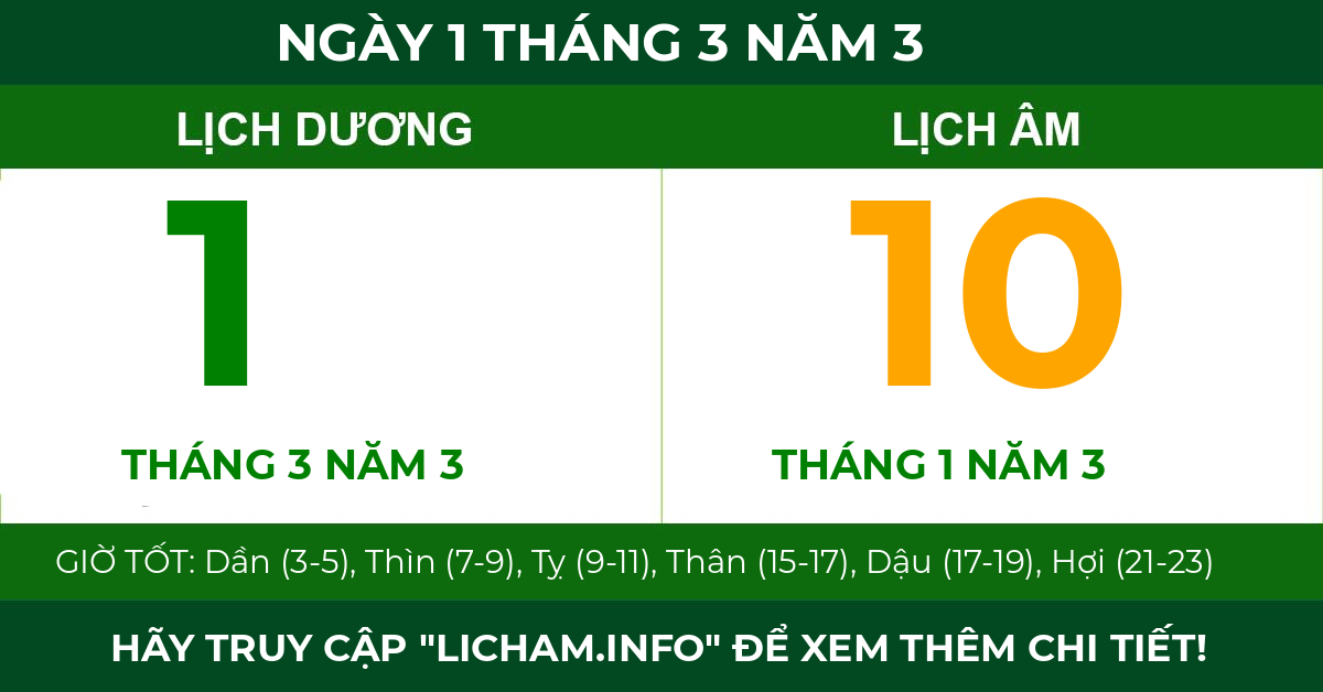 lịch âm ngày 1 tháng 3 năm 3