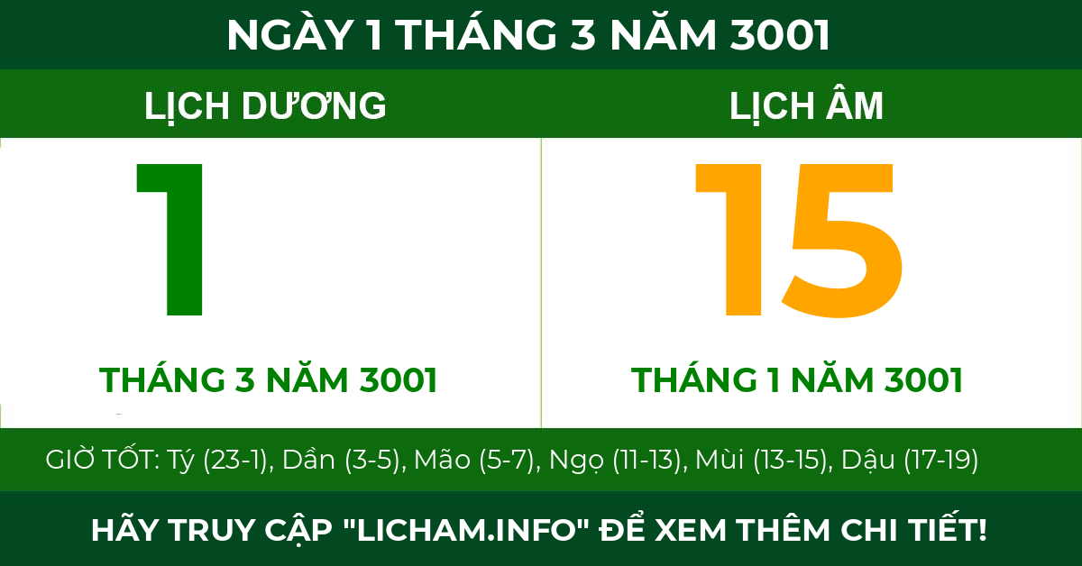 lịch âm ngày 1 tháng 3 năm 3001