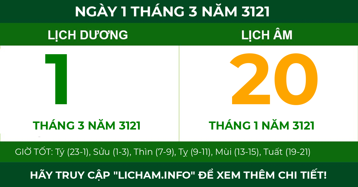 lịch âm ngày 1 tháng 3 năm 3121