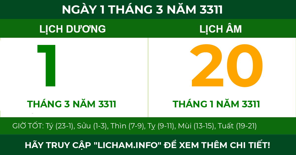 lịch âm ngày 1 tháng 3 năm 3311