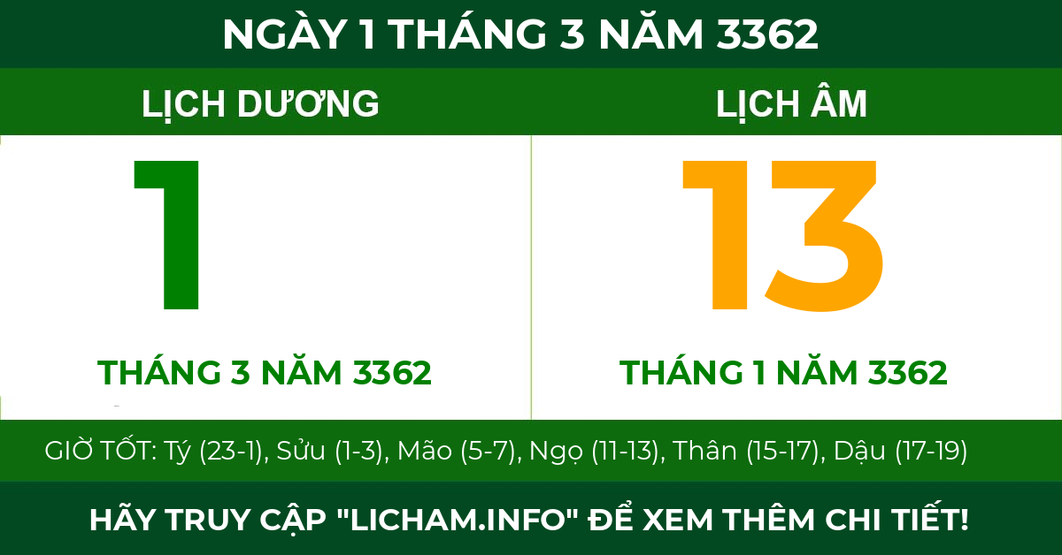 lịch âm ngày 1 tháng 3 năm 3362