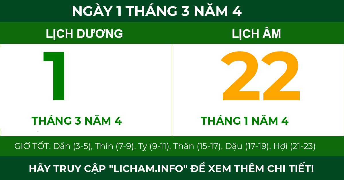 lịch âm ngày 1 tháng 3 năm 4