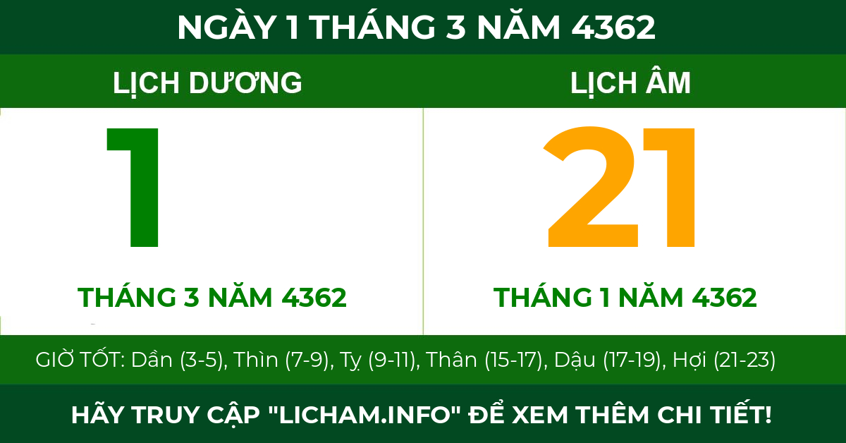 lịch âm ngày 1 tháng 3 năm 4362