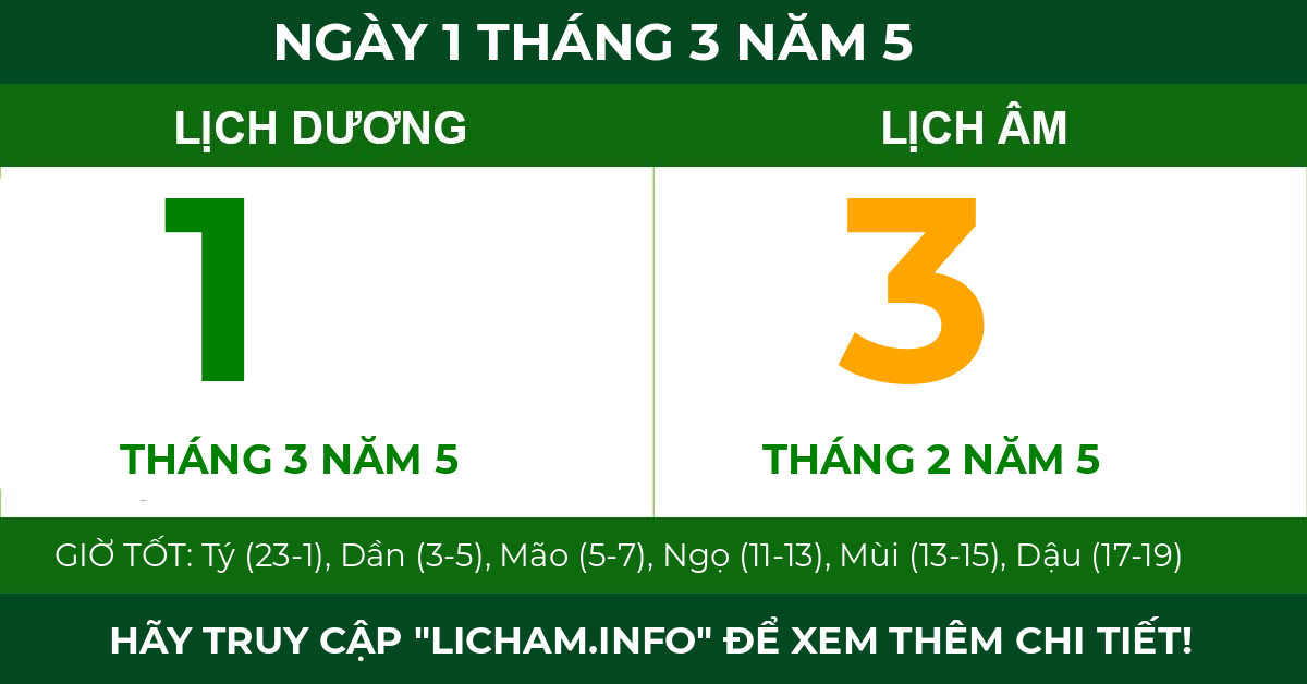 lịch âm ngày 1 tháng 3 năm 5