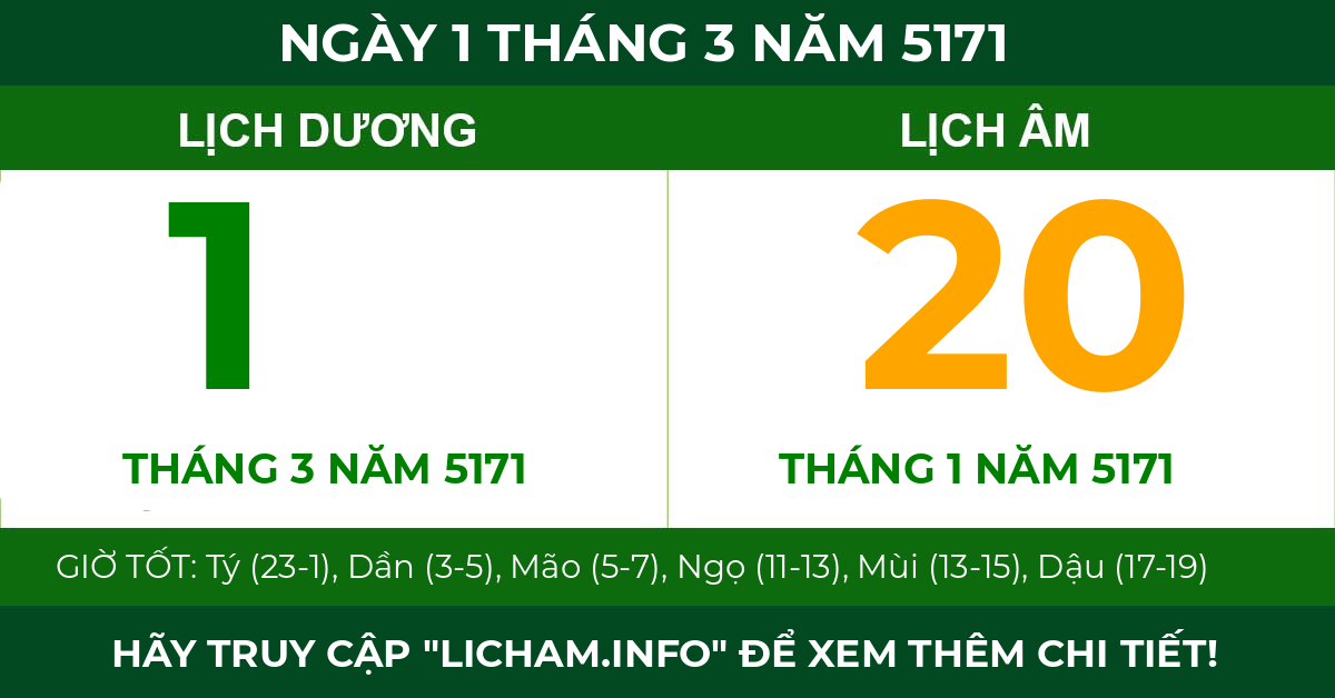 lịch âm ngày 1 tháng 3 năm 5171