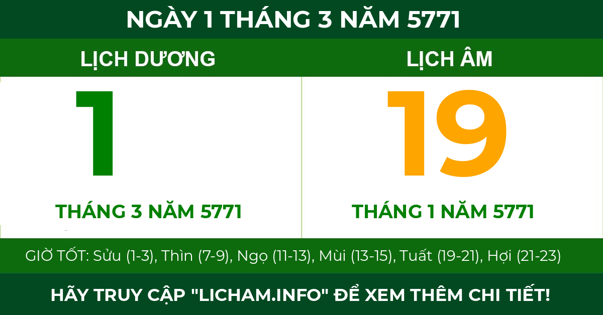 lịch âm ngày 1 tháng 3 năm 5771