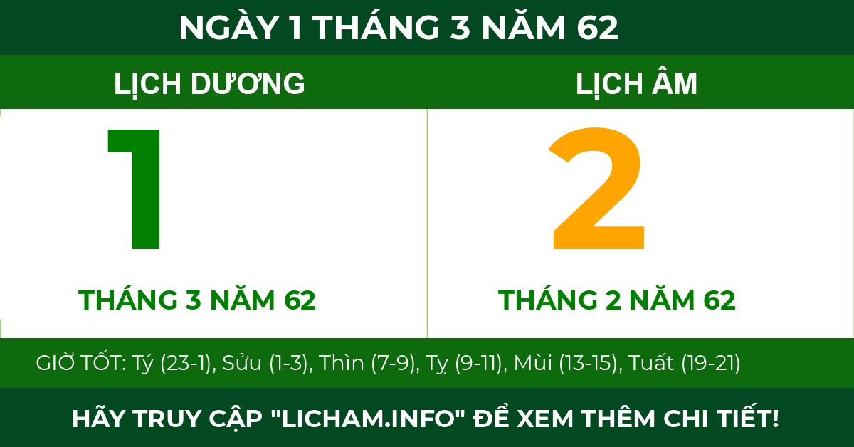 lịch âm ngày 1 tháng 3 năm 62