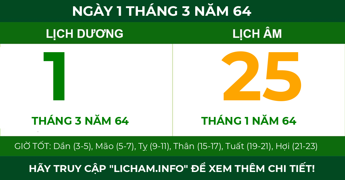 lịch âm ngày 1 tháng 3 năm 64