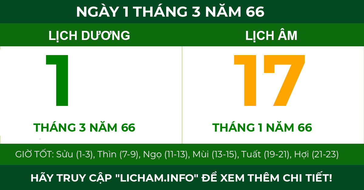 lịch âm ngày 1 tháng 3 năm 66