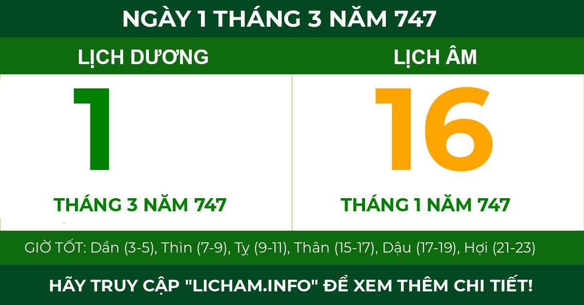 lịch âm ngày 1 tháng 3 năm 747