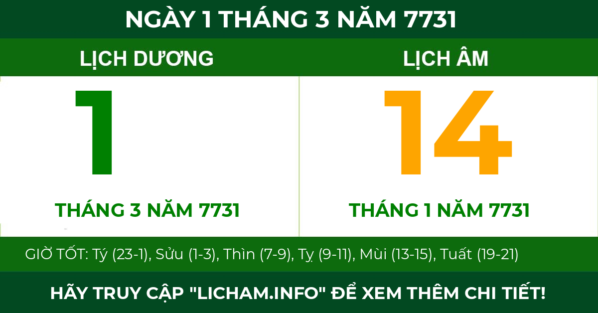 lịch âm ngày 1 tháng 3 năm 7731