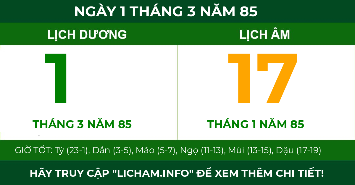 lịch âm ngày 1 tháng 3 năm 85