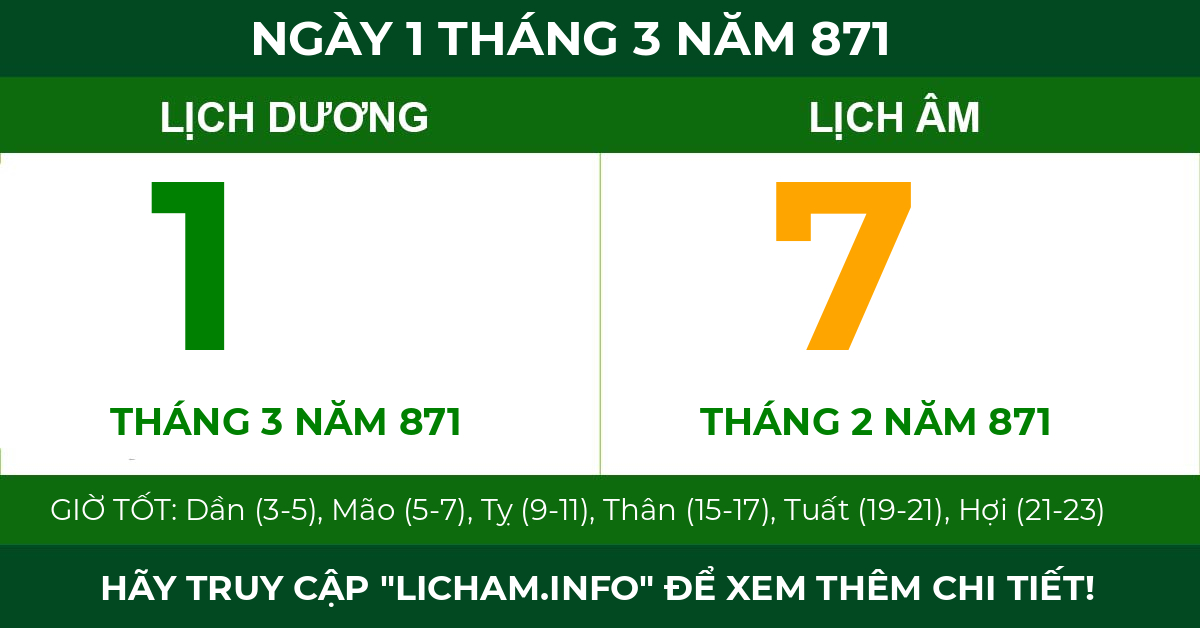 lịch âm ngày 1 tháng 3 năm 871