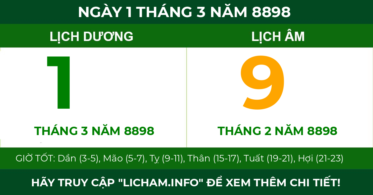lịch âm ngày 1 tháng 3 năm 8898